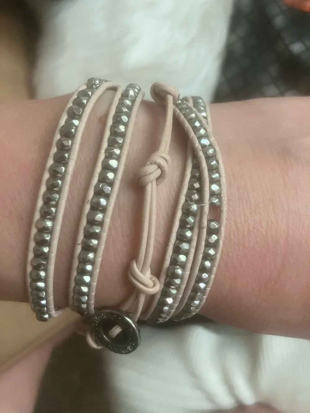Chan Luu Beige Leather Wrap Bracelet with Silver Beads